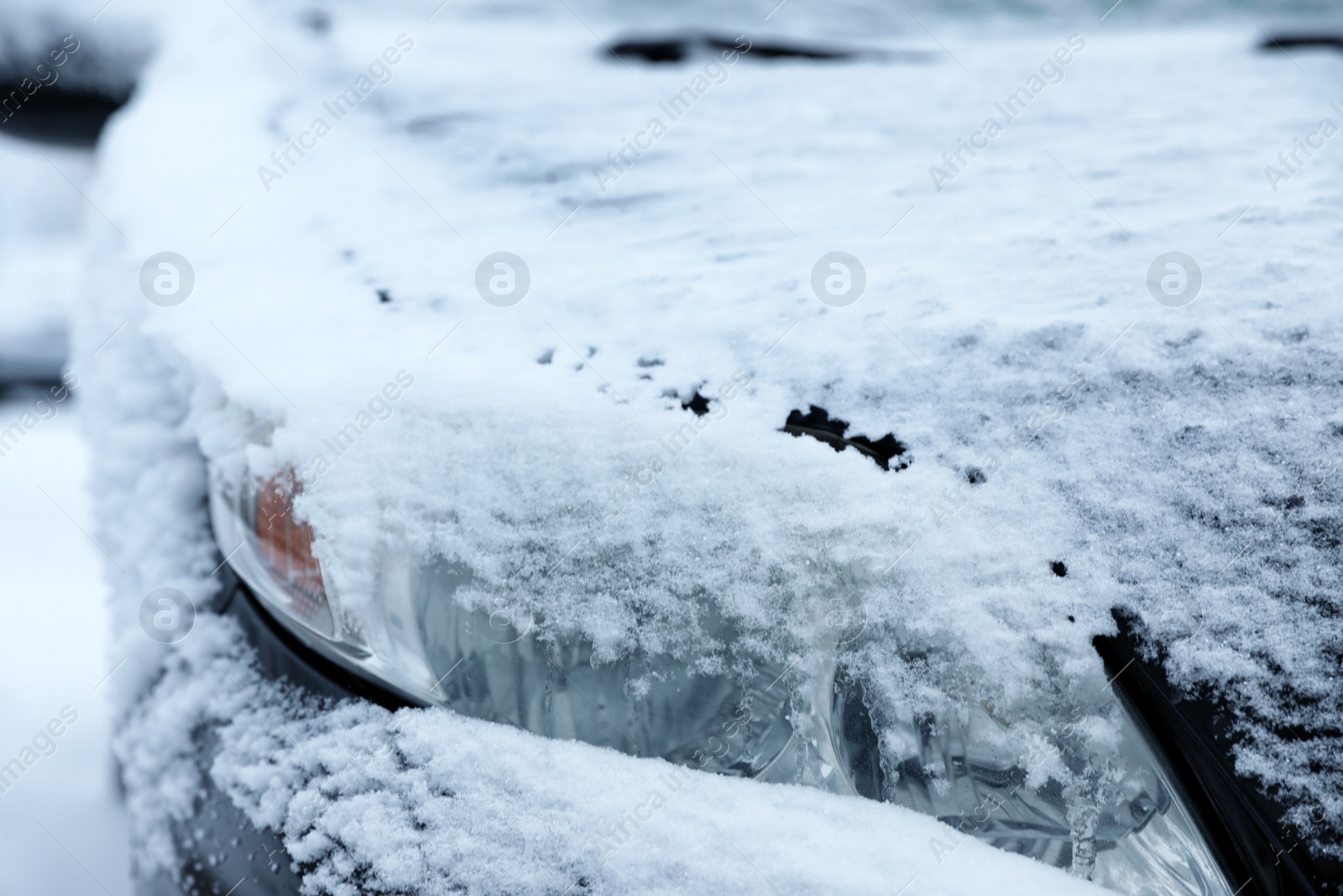 Photo of Modern car covered with snow outdoors on winter day, closeup. Frosty weather