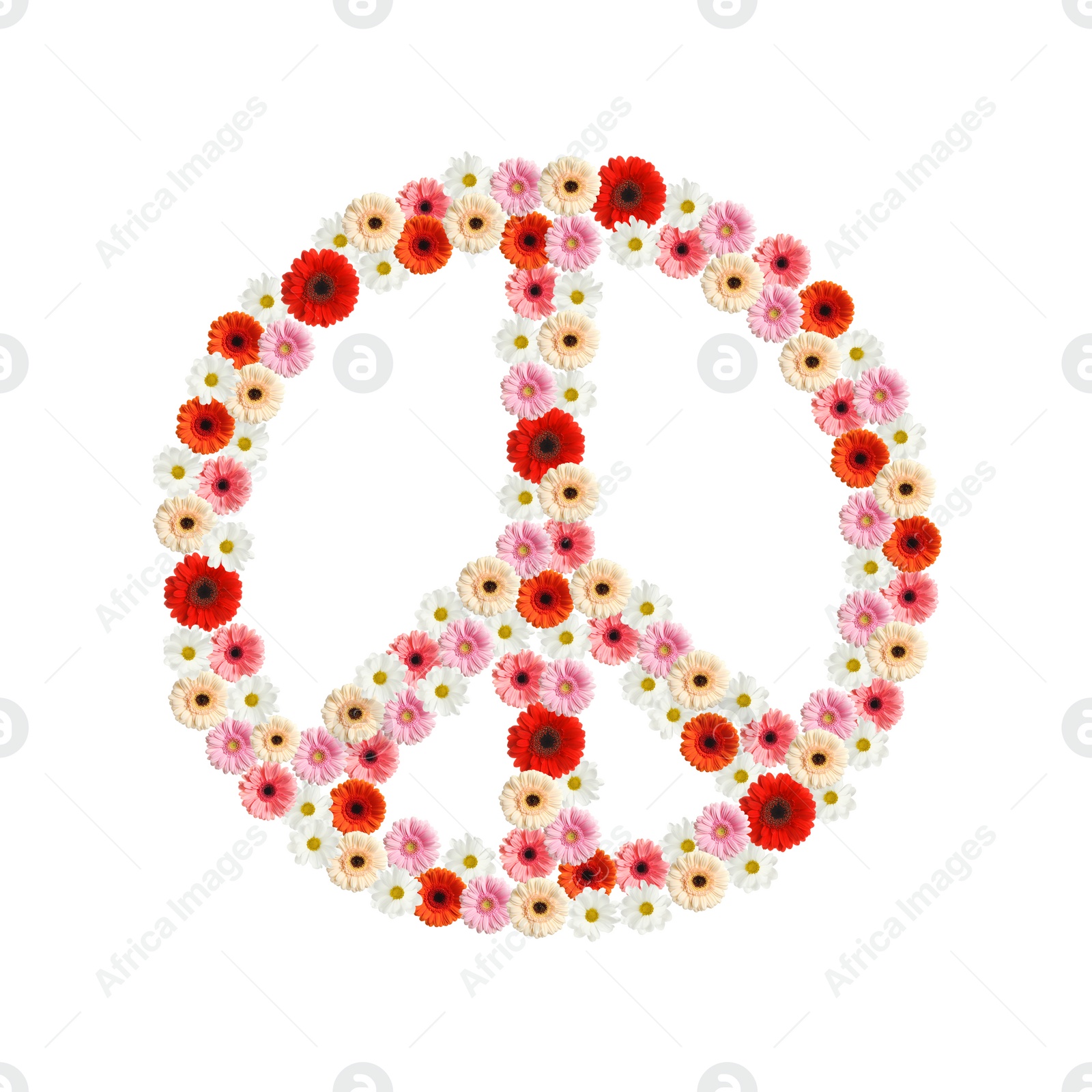 Image of Hippie peace symbol of beautiful flowers on white background