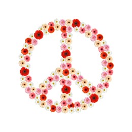 Image of Hippie peace symbol of beautiful flowers on white background