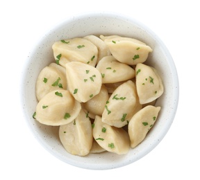 Photo of Bowl of delicious cooked dumplings on white background, top view