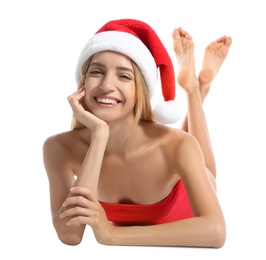 Young woman wearing Santa Claus hat on white background. Christmas vacation