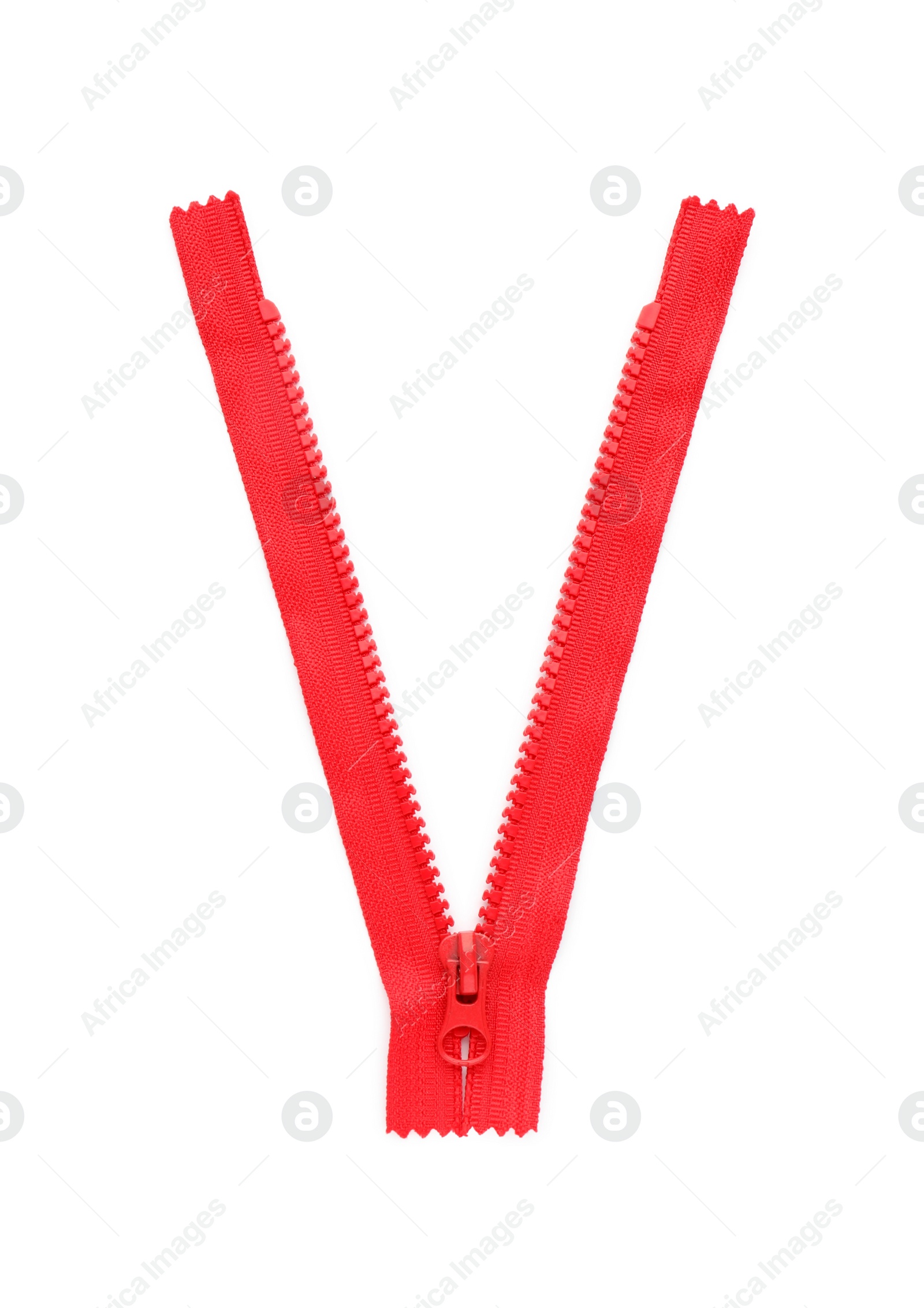 Photo of Red zipper isolated on white, top view