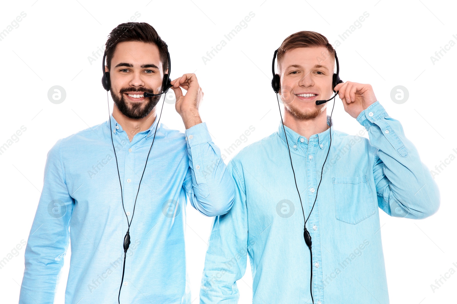 Photo of Technical support operators with headsets isolated on white