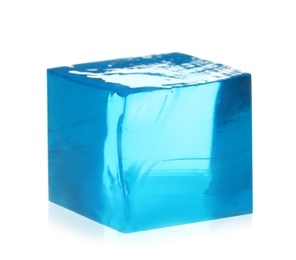 Photo of Delicious blue jelly cube on white background