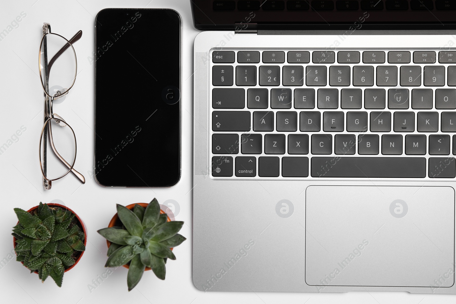 Photo of Modern laptop, houseplants, glasses and smartphone on white table, flat lay