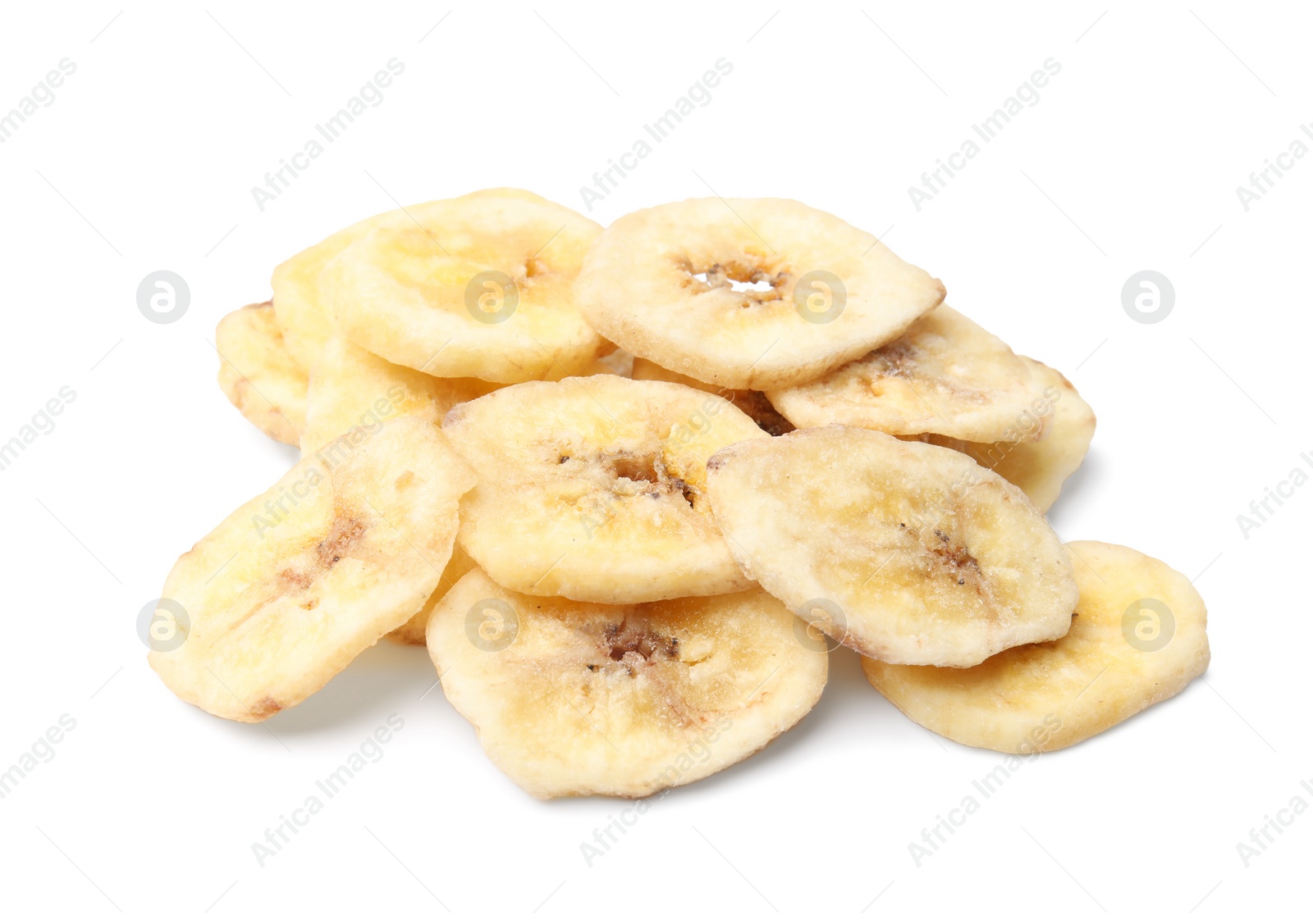 Photo of Heap of sweet banana slices on white background. Dried fruit as healthy snack