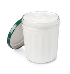 Photo of Jar of delicious organic yogurt isolated on white