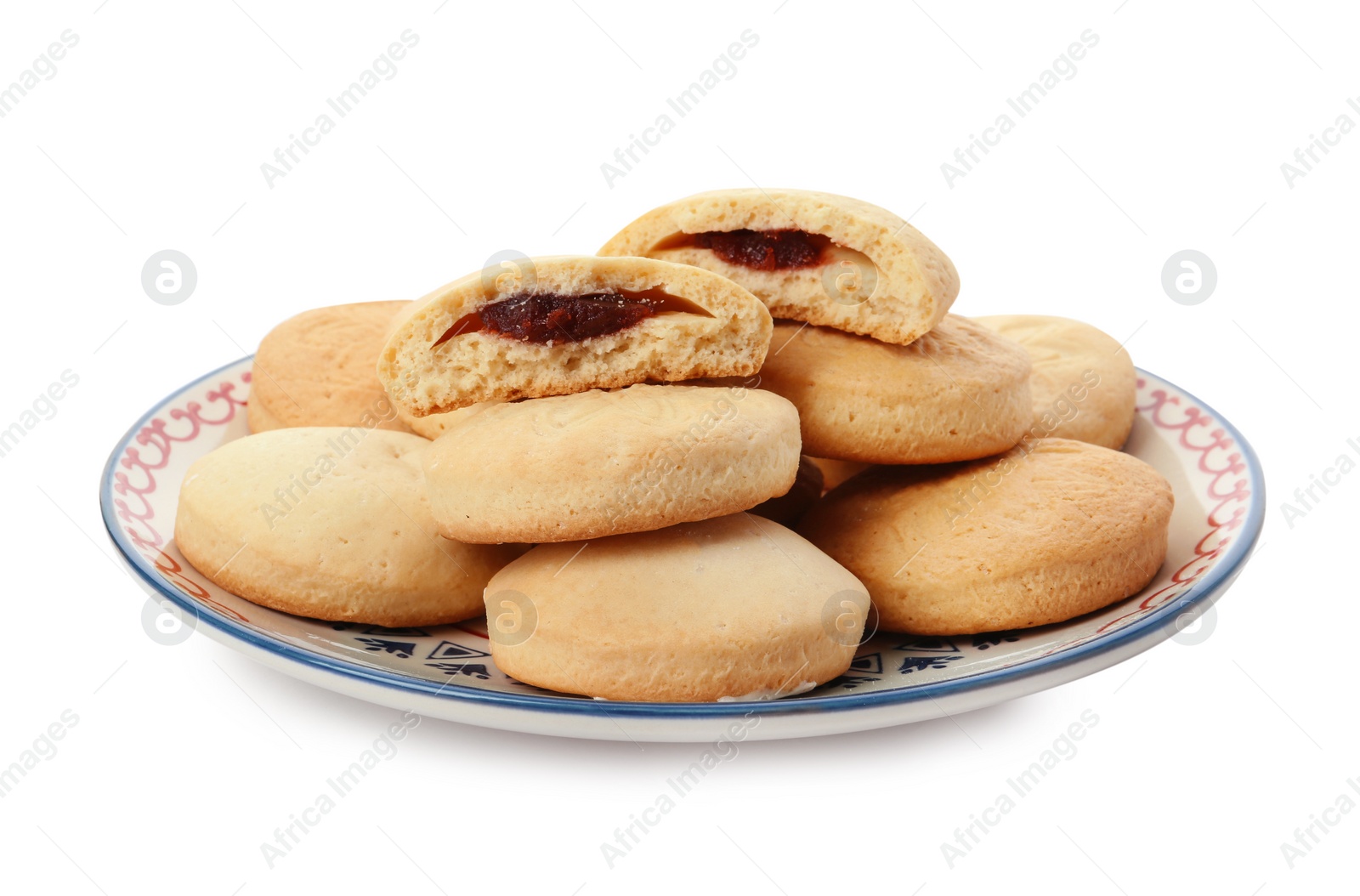 Photo of Plate with cookies for Islamic holidays isolated on white. Eid Mubarak