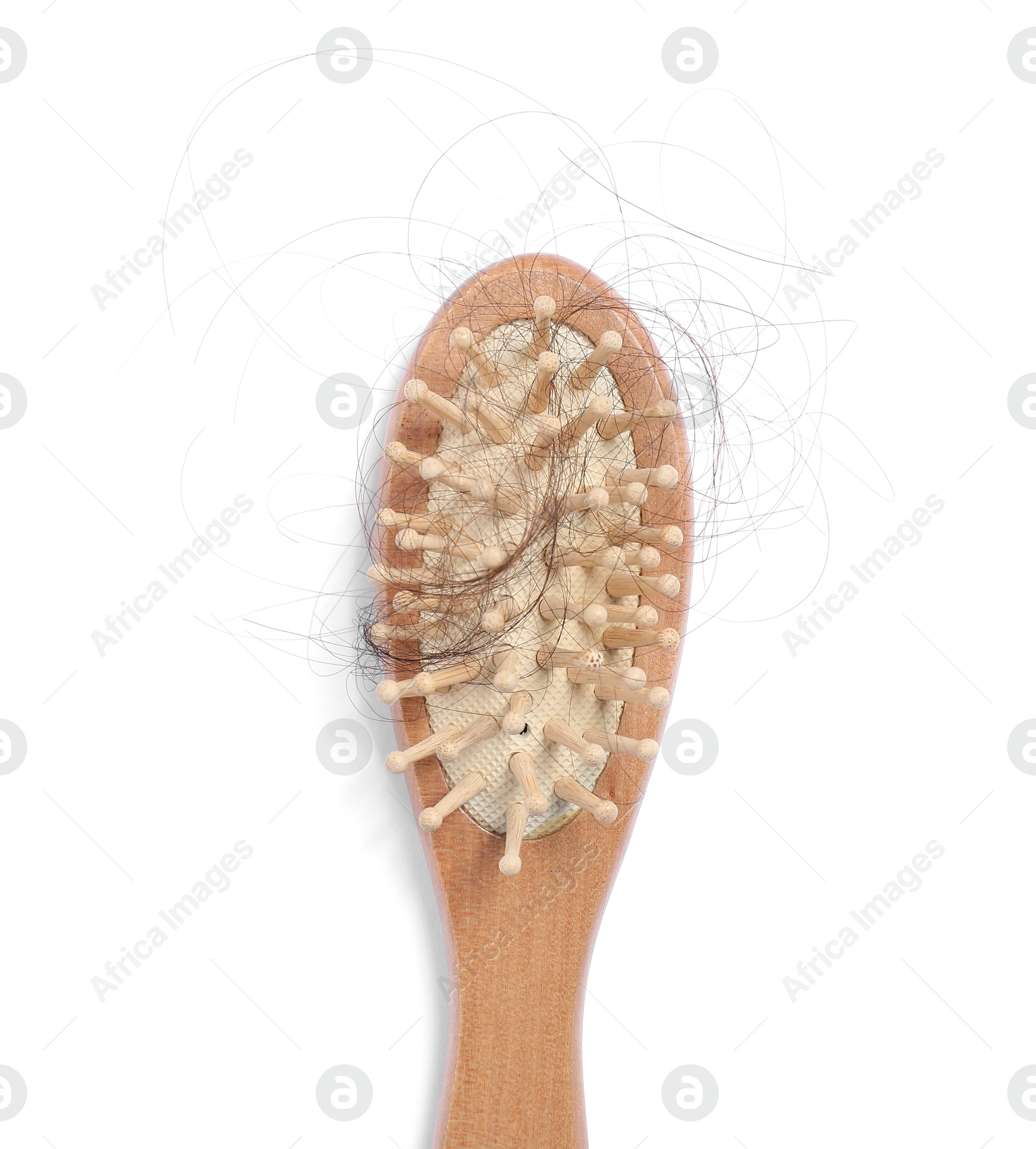 Photo of Brush with lost hair isolated on white, top view