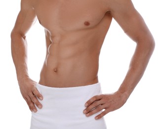 Photo of Shirtless man with slim body and towel wrapped around his hips isolated on white, closeup