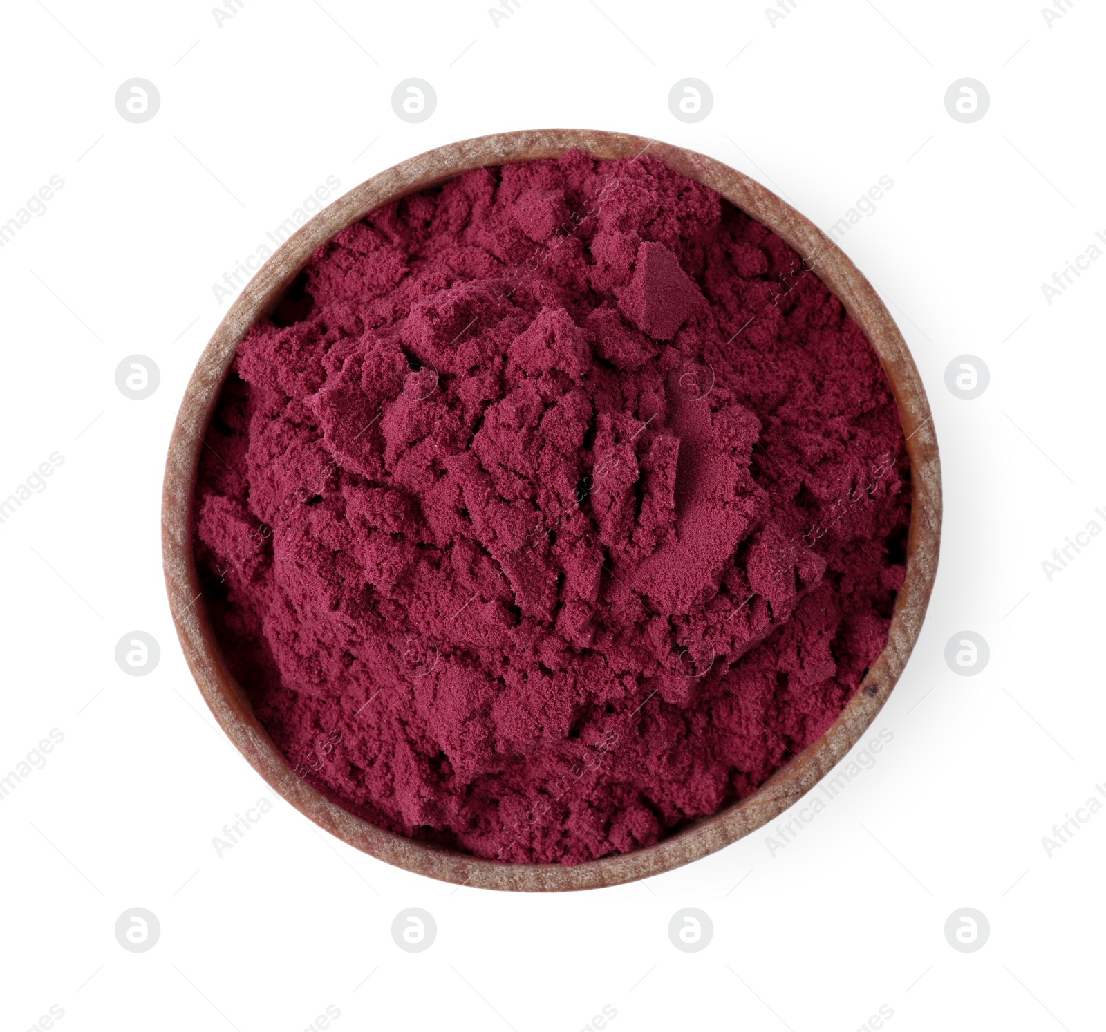 Photo of Wooden bowl of acai powder on white background, top view