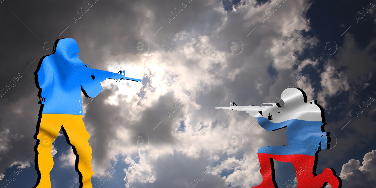 Image of Silhouettes of soldiers in colors of Ukrainian and Russian flags against cloudy sky