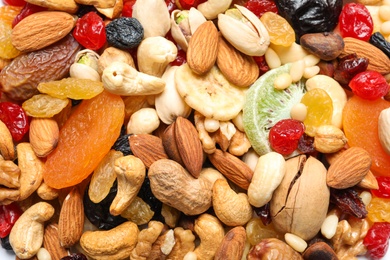 Photo of Different dried fruits and nuts as background, closeup