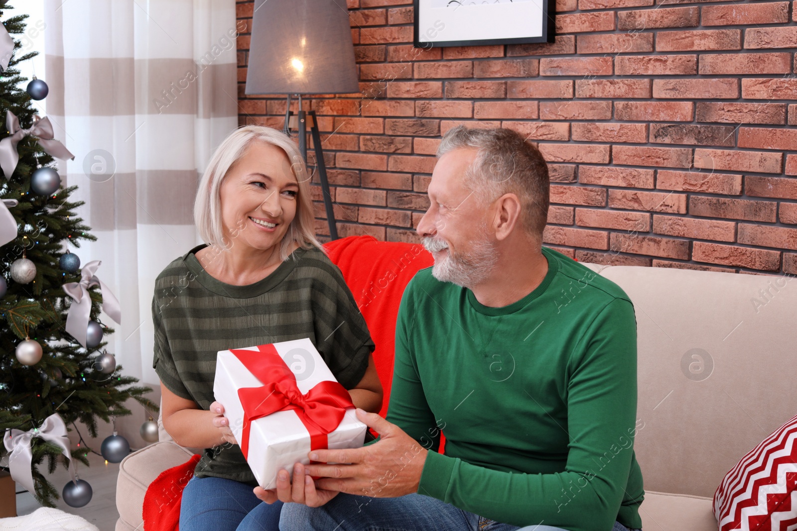 Photo of Mature couple with Christmas gift box at home