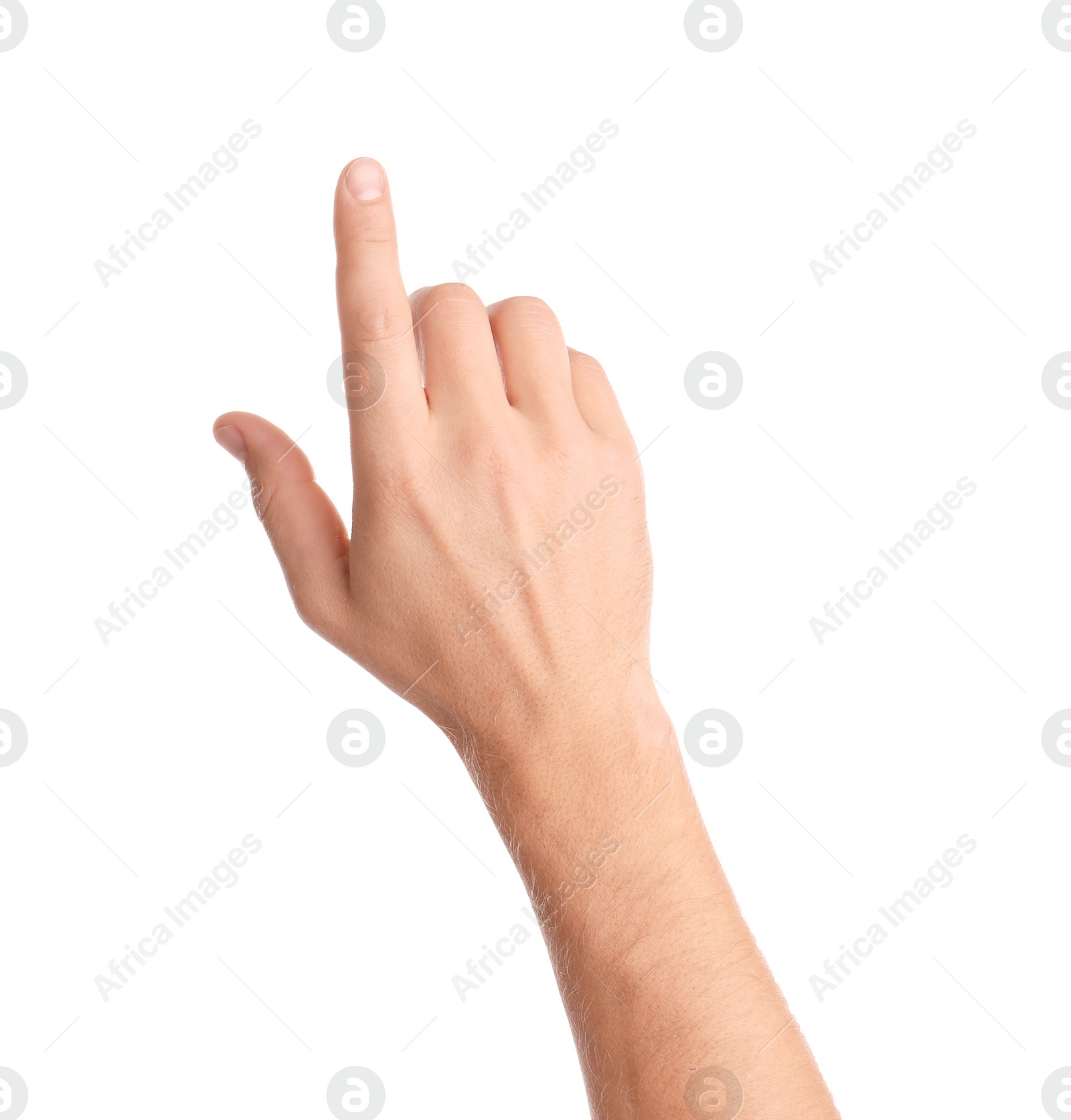 Photo of Man pointing at something on white background, closeup of hand