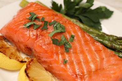 Photo of Tasty grilled salmon with asparagus and lemon, closeup