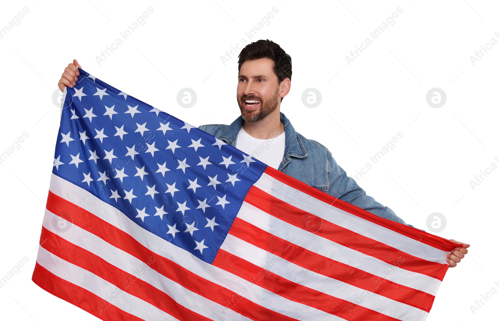 Image of 4th of July - Independence day of America. Happy man holding national flag of United States on white background