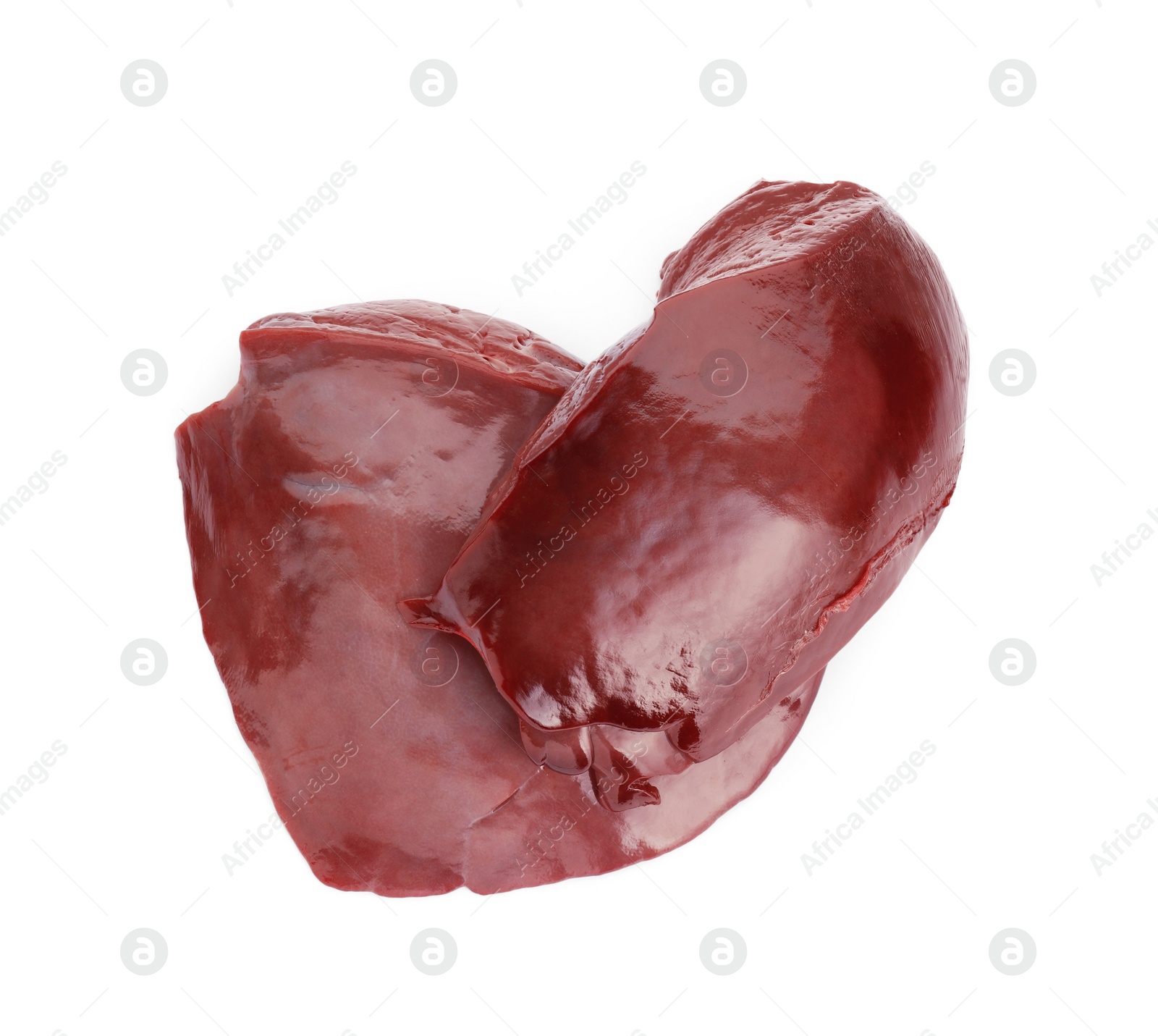 Photo of Pieces of raw beef liver isolated on white, top view