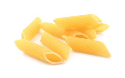 Raw penne pasta isolated on white. Italian cuisine