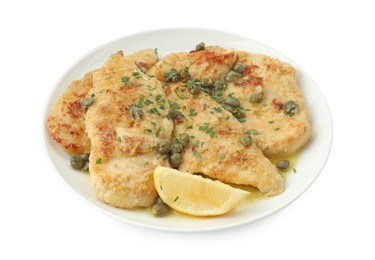 Photo of Delicious chicken piccata with herbs isolated on white