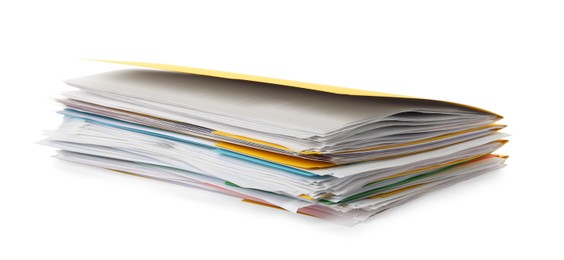 Photo of Stack of different files with documents on white background