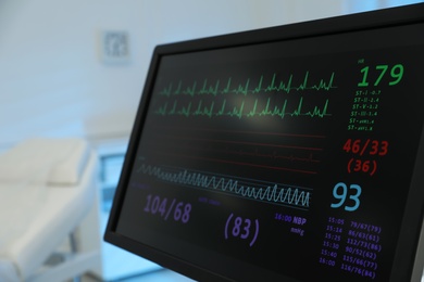 Photo of Monitor with cardiogram in hospital, closeup. Space for text