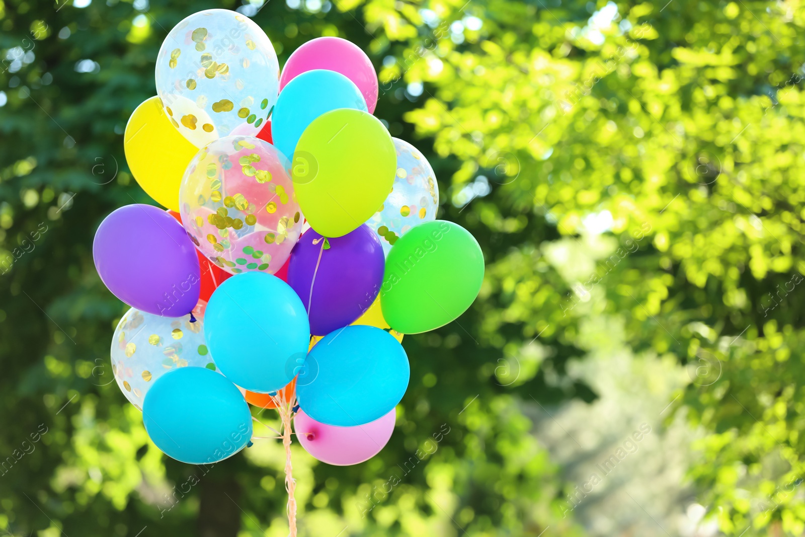 Photo of Many colorful balloons outdoors on sunny day