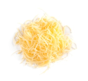 Heap of grated delicious cheese on white background