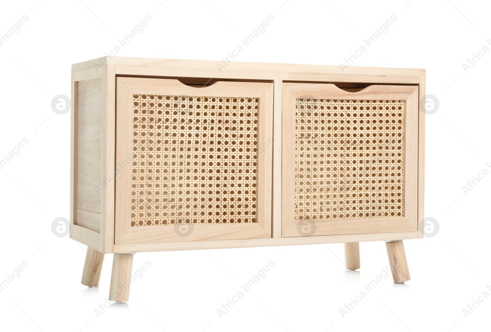 Photo of New wooden commode on white background. Interior element