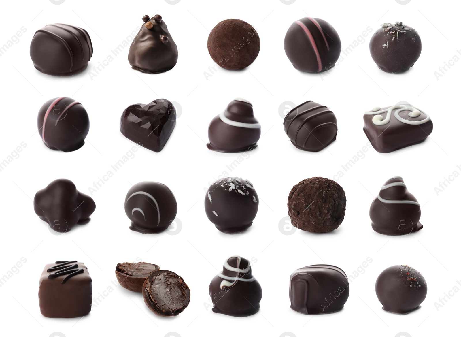 Image of Set with different chocolate candies on white background