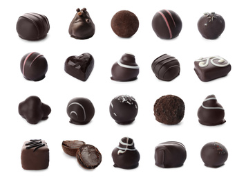 Set with different chocolate candies on white background