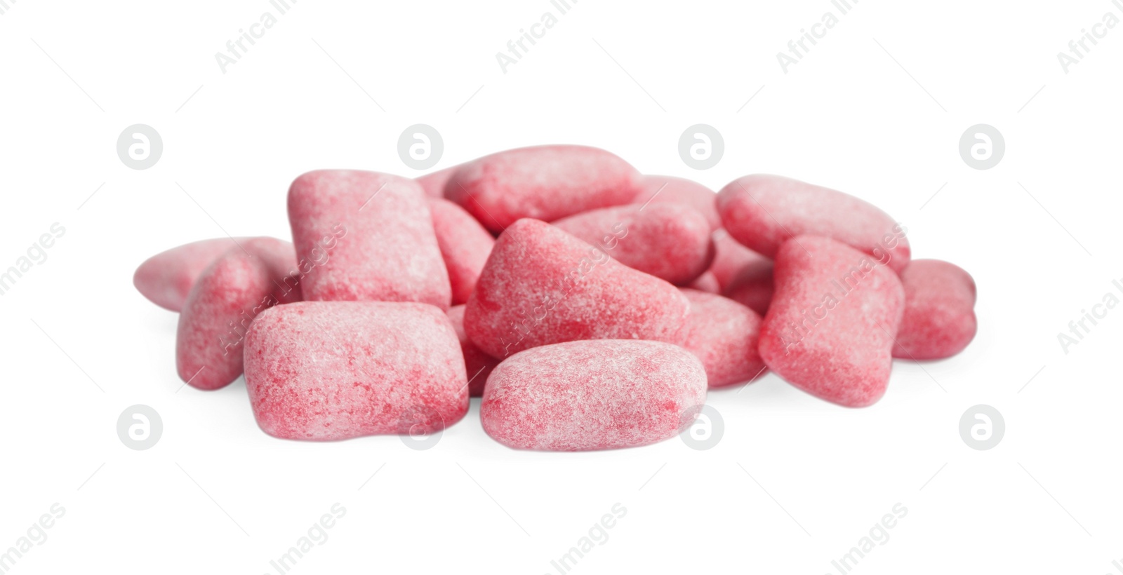 Photo of Heap of tasty sweet chewing gums on white background