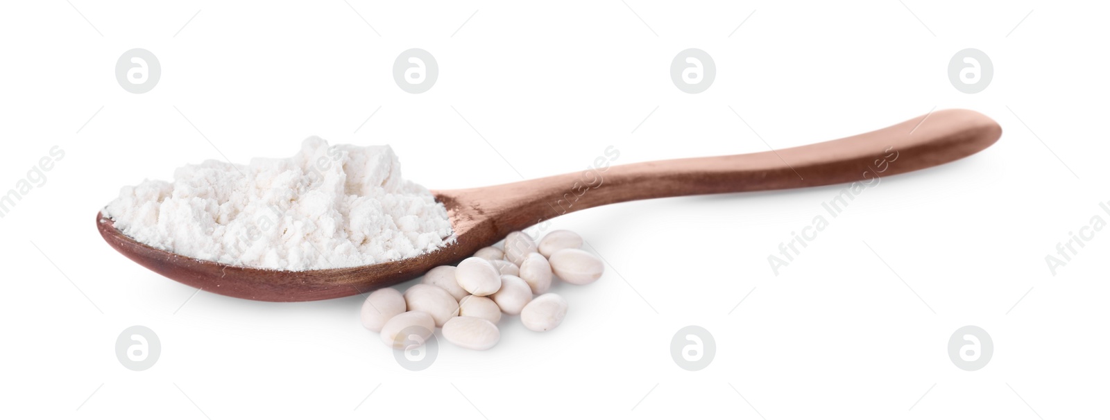 Photo of Wooden spoon with flour and kidney beans isolated on white