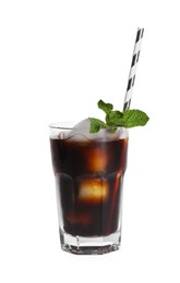 Photo of Refreshing iced coffee in glass with straw and mint leaves isolated on white