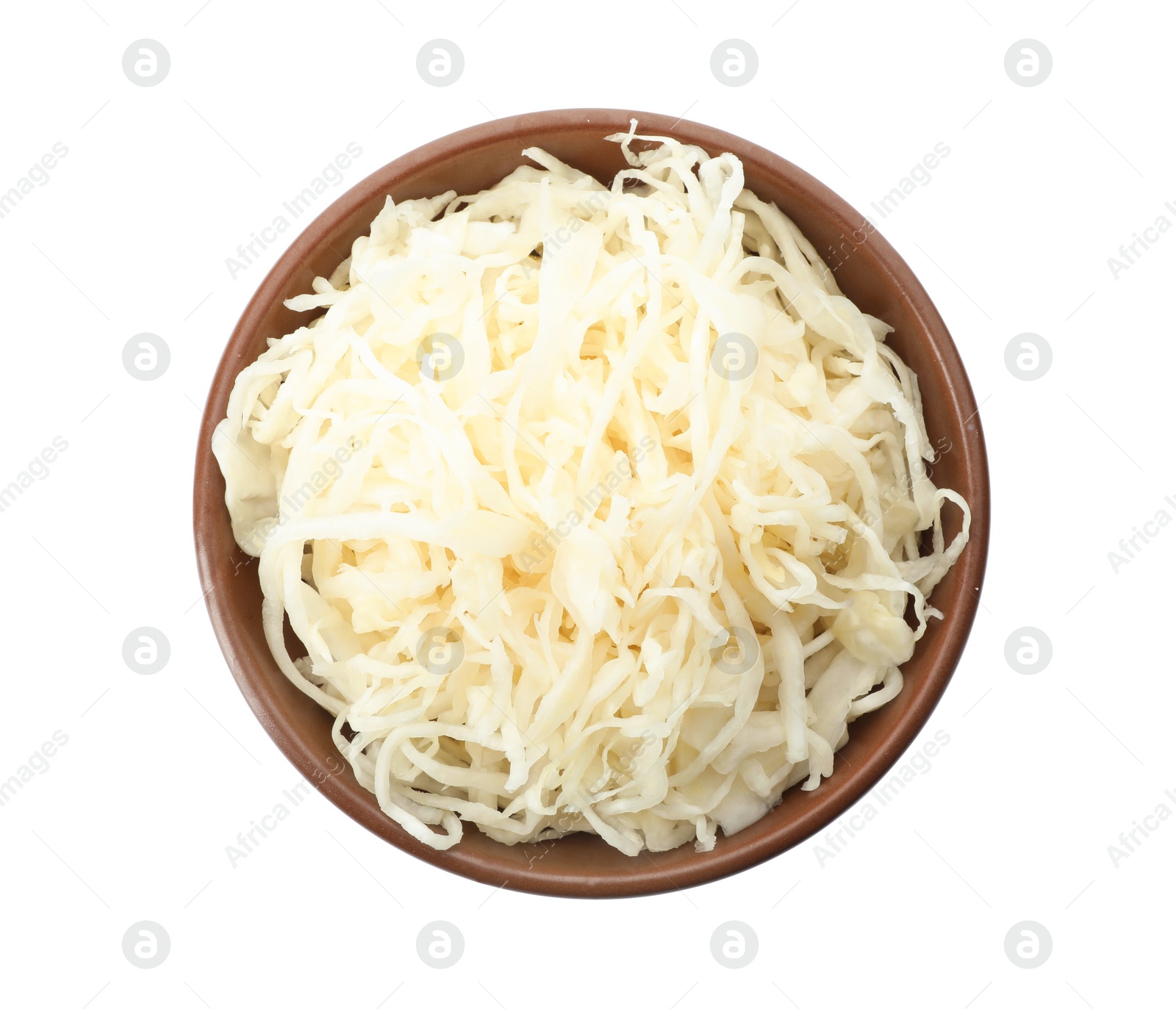 Photo of Bowl of tasty fermented cabbage isolated on white, top view