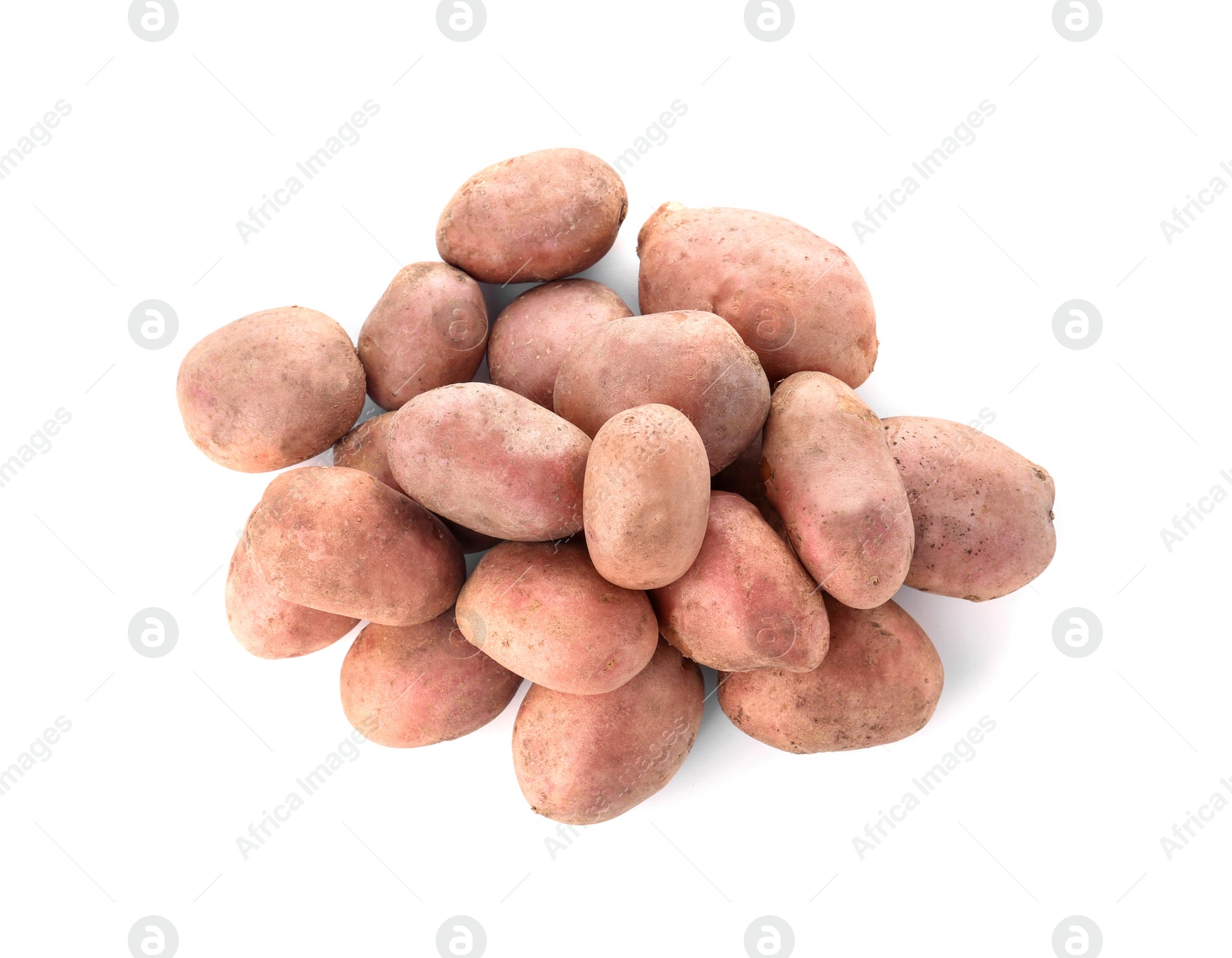 Photo of Fresh ripe organic potatoes on white background, top view