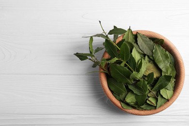 Photo of Fresh green bay leaves in bowl on white wooden table, top view. Space for text