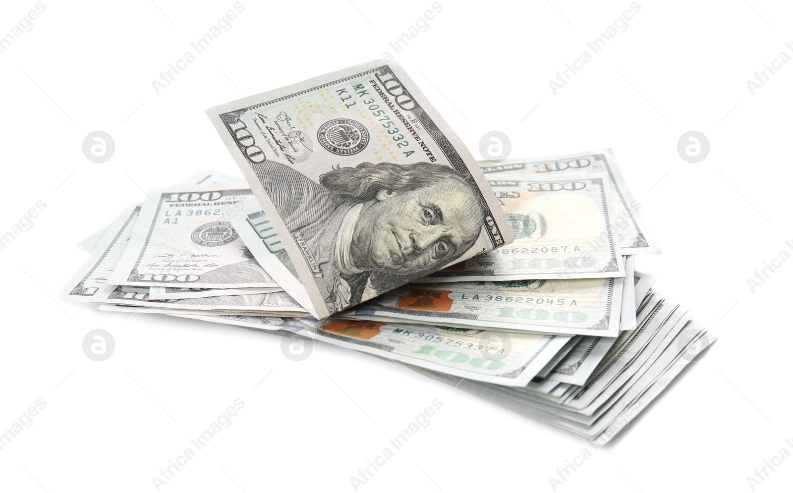 Photo of Many dollar banknotes on white background. American national currency