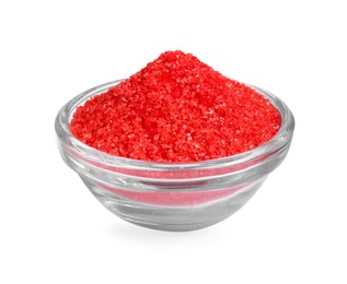 Photo of Glass bowl with bright red food coloring isolated on white