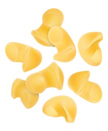 Image of Raw horns pasta flying on white background