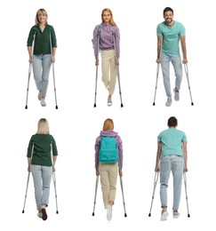 Image of People with axillary crutches on white background, collage 