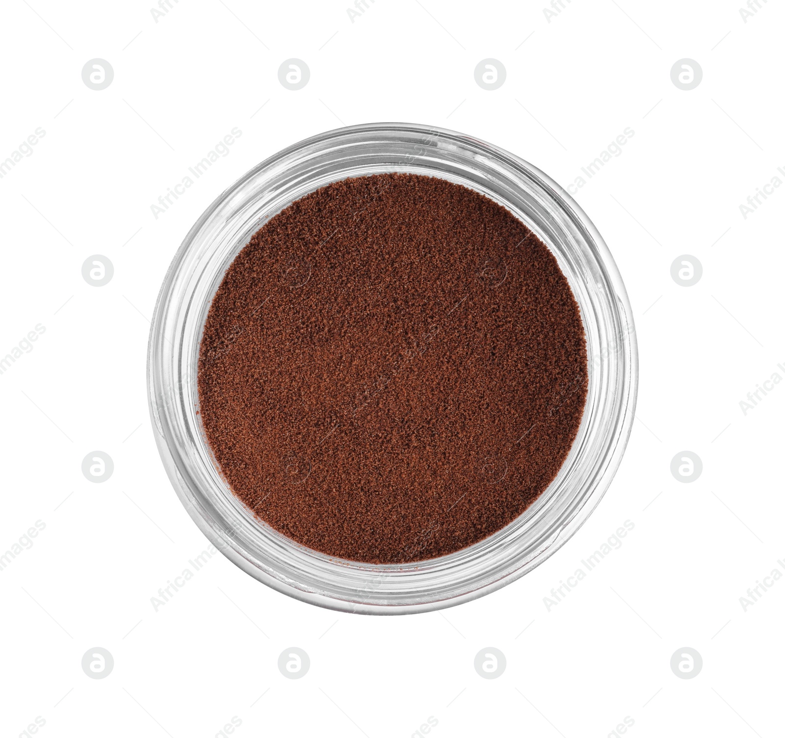 Photo of Glass jar of instant coffee isolated on white, top view