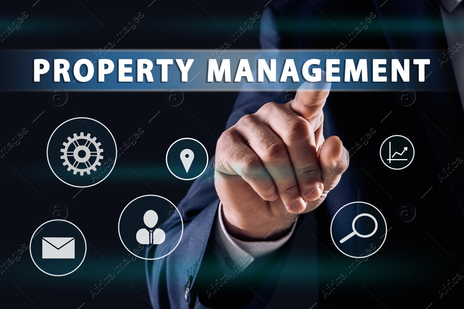 Image of Property management concept. Man using virtual screen with icons, closeup