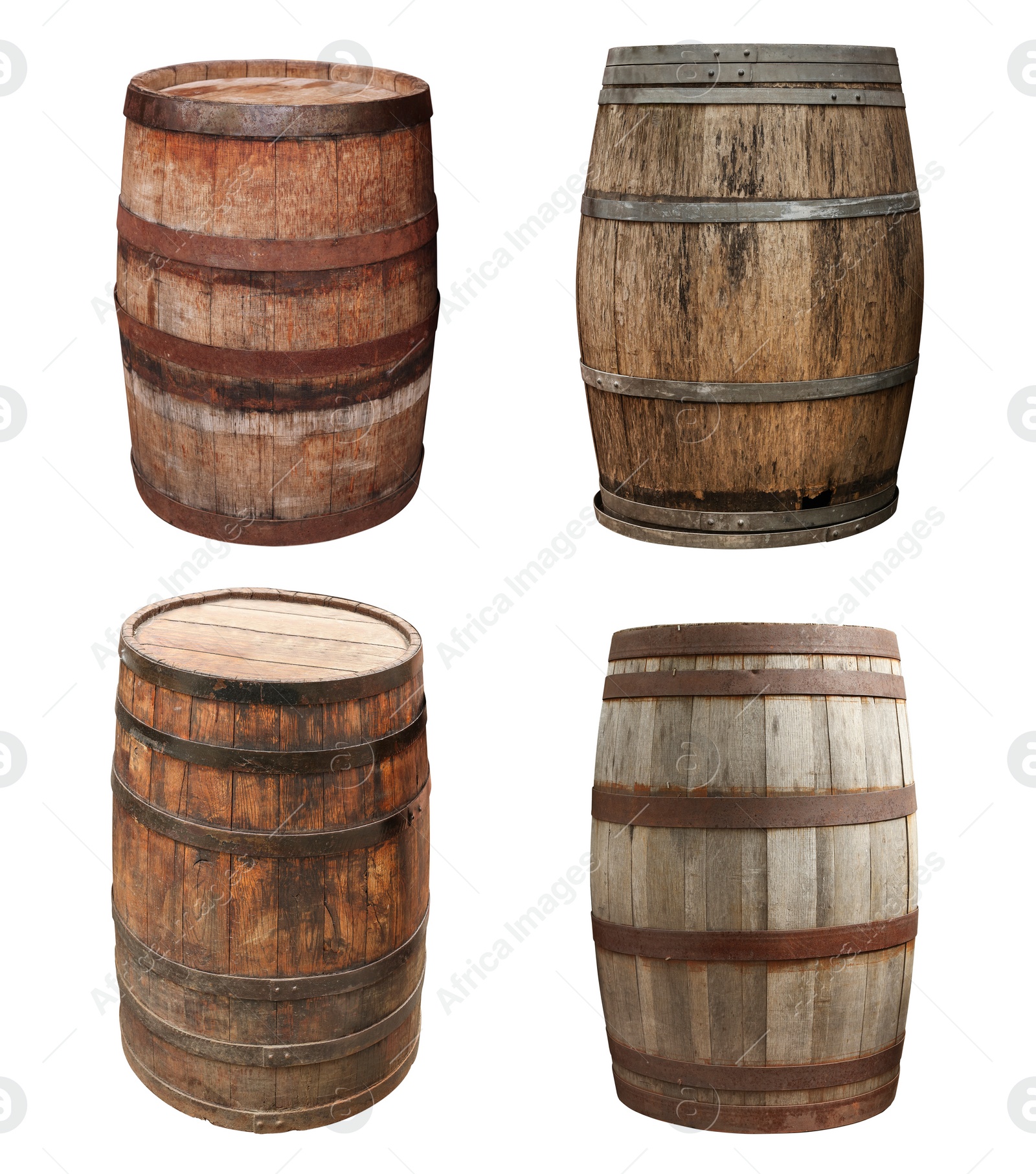 Image of Set with different wooden barrels isolated on white