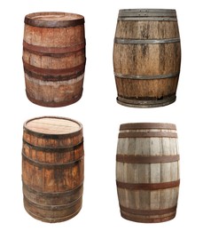 Image of Set with different wooden barrels isolated on white