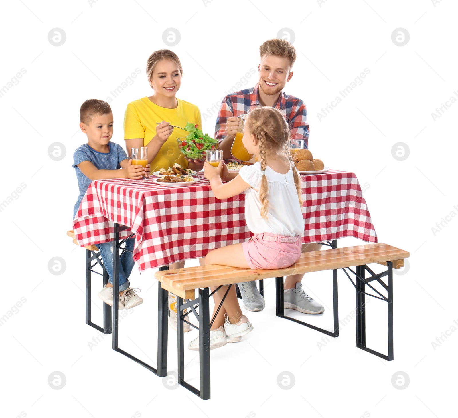 Photo of Happy family having picnic at table on white background