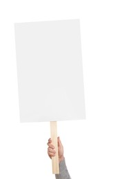 Man holding blank protest sign on white background, closeup