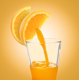 Image of Making orange fresh. Juice pouring from orange citrus slices into glass on golden background