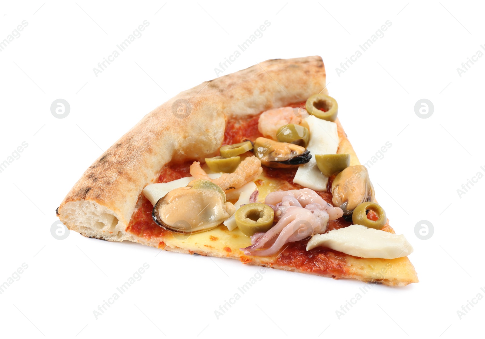 Photo of Slice of delicious seafood pizza isolated on white