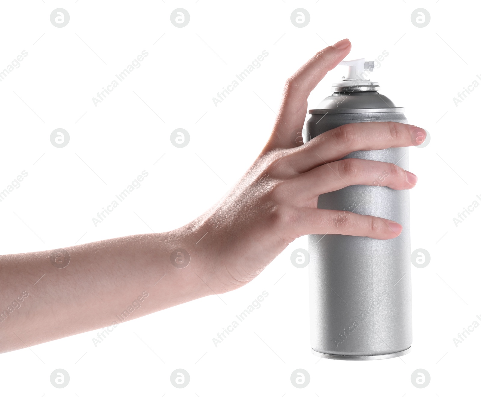 Photo of Man with can of spray paint on white background, closeup